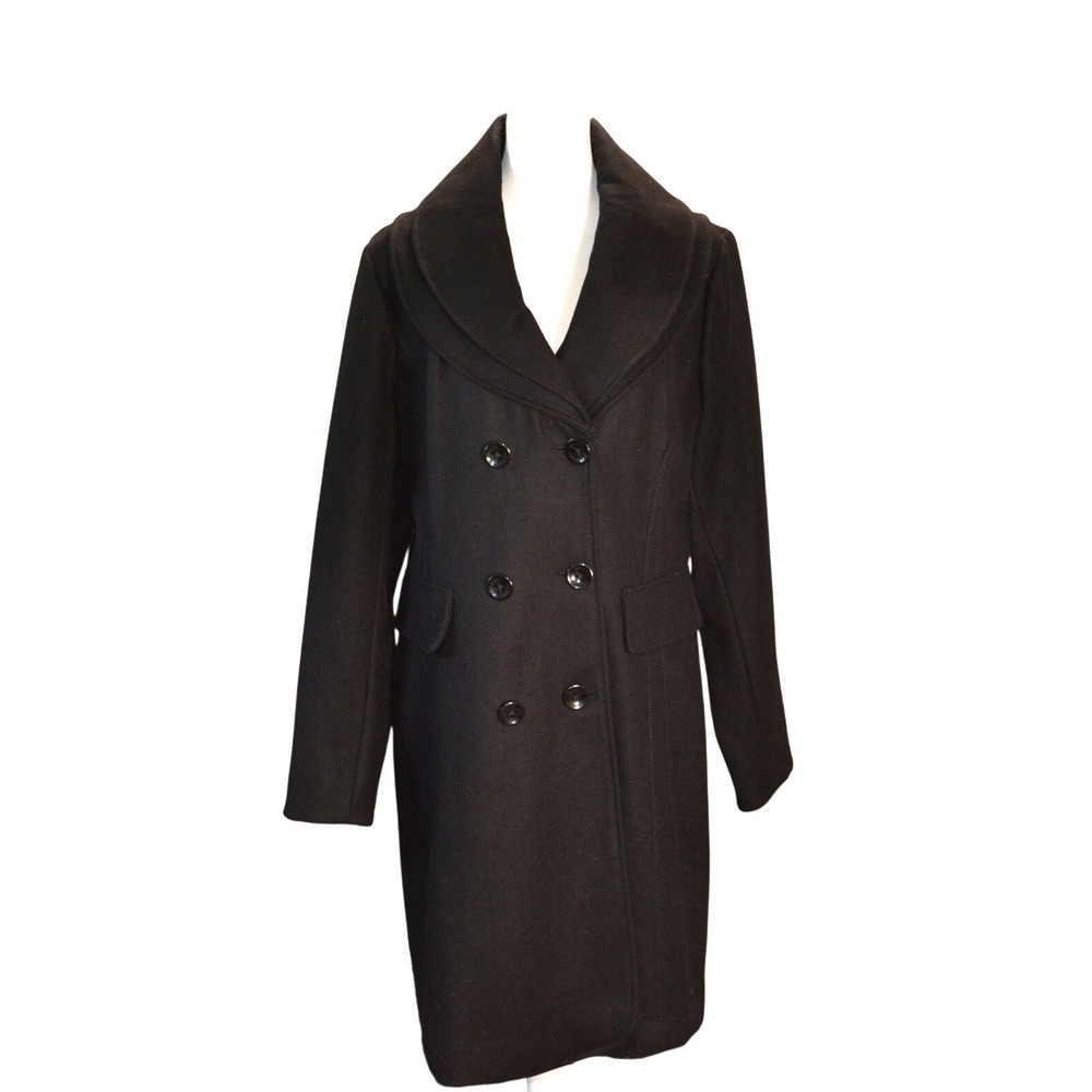 Guess Double Breasted‎ Coat Work Winter Black Wool Blend XL Long Peacoat Collar